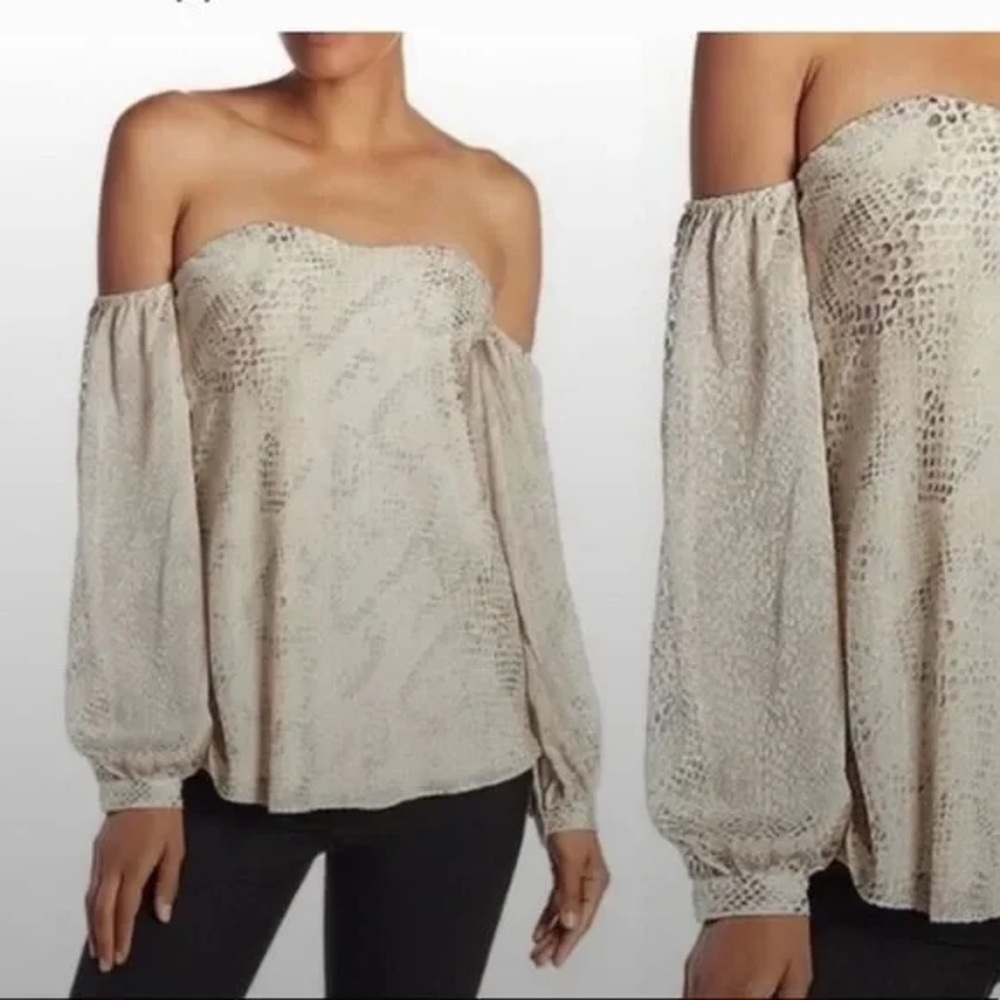 Haute Hippie Off Shoulder Corset Top Blouse Size 4 Cream Tan Snakeskin Cocktail
